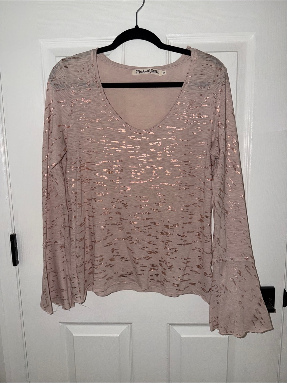 Michael Stars Rose Metallic Burnout V-Neck Long Sleeve Top